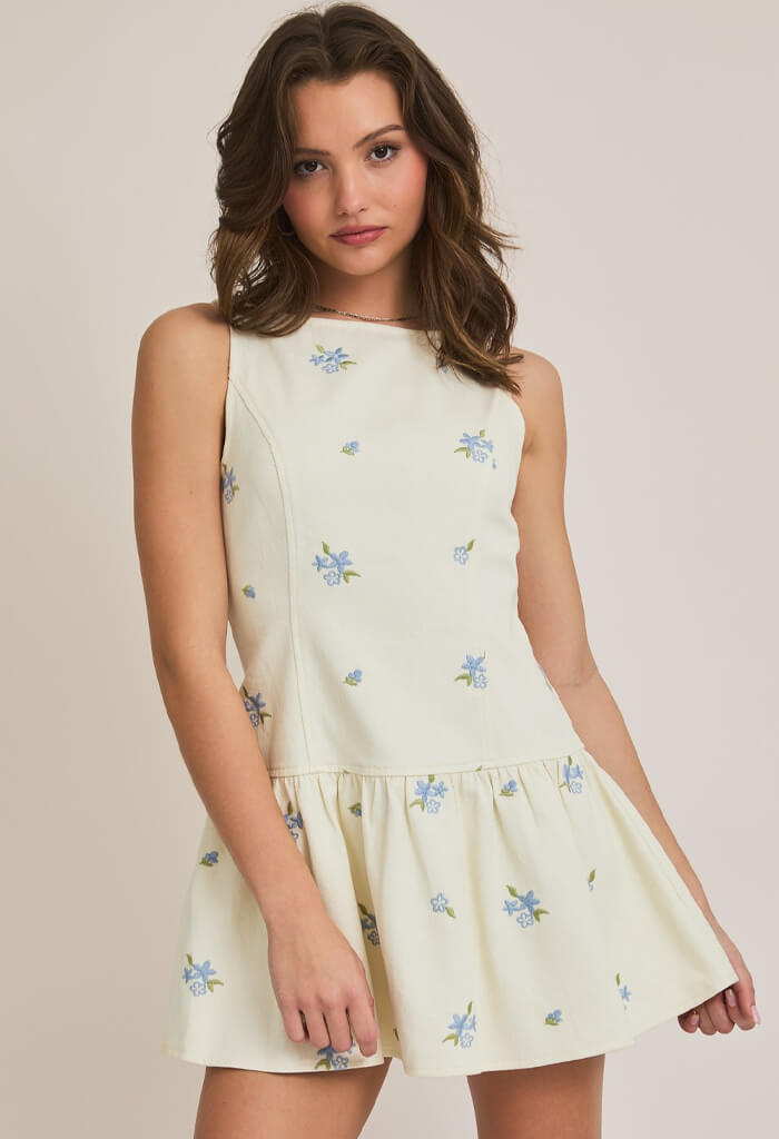 KK Bloom Blue Belle Mini Dress-Cream Blue Floral