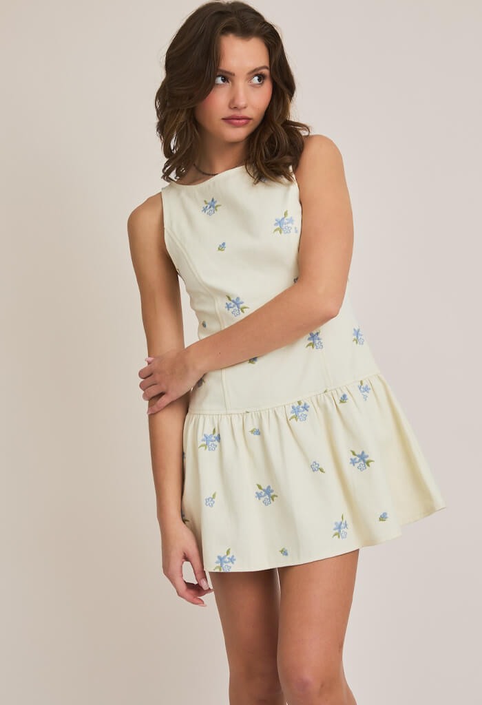 KK Bloom Blue Belle Mini Dress-Cream Blue Floral