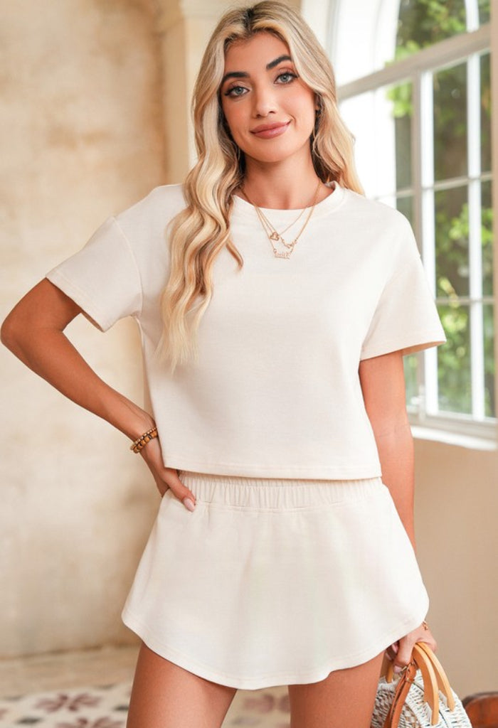 Shewin Inc Cropped Tee and Ruffle High Waist Skort Set-Beige