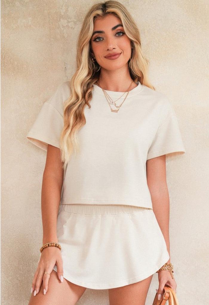Shewin Inc Cropped Tee and Ruffle High Waist Skort Set-Beige