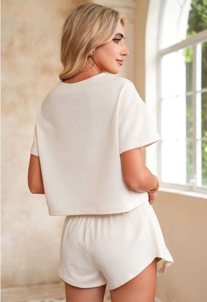 Shewin Inc Cropped Tee and Ruffle High Waist Skort Set-Beige