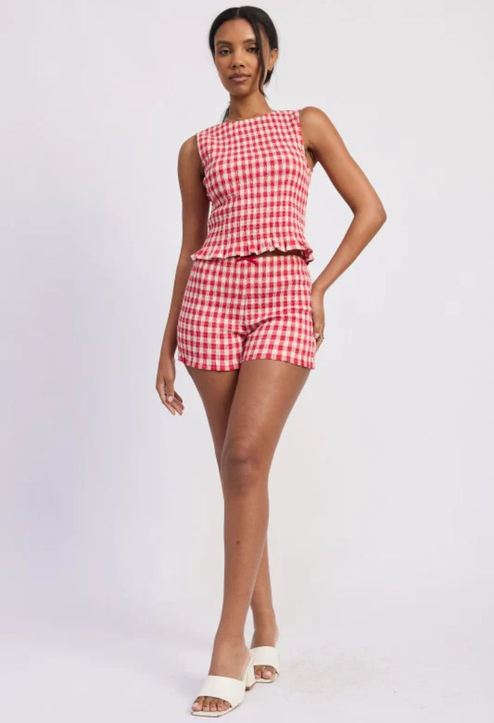 KK Bloom Picnic Smocked Shorts-Red Gingham