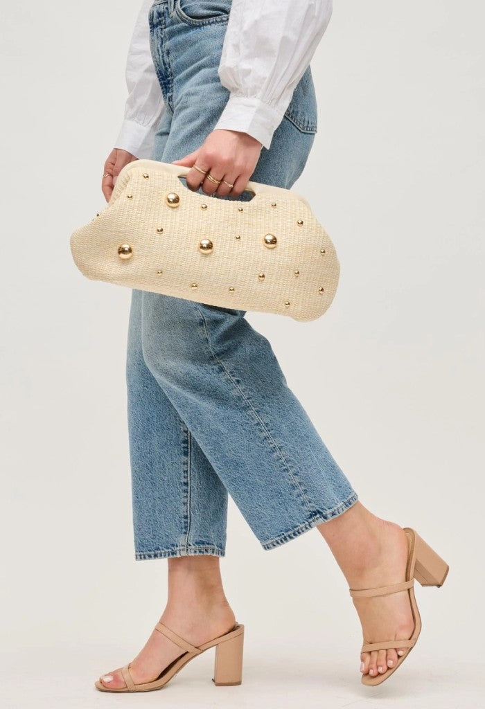 KK Bloom Mallory Straw Stud Clutch-Gold