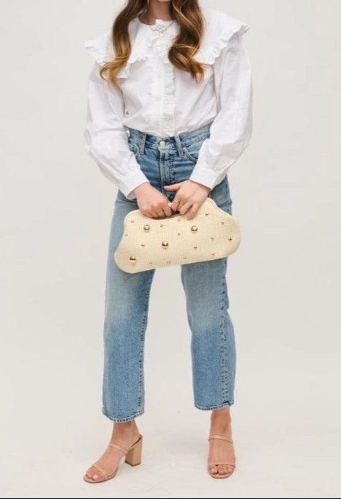 KK Bloom Mallory Straw Stud Clutch-Gold