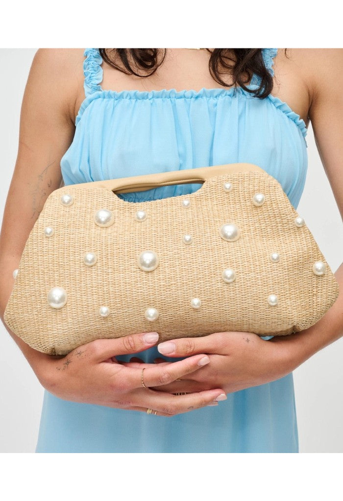 KK Bloom Mallory Straw Stud Clutch-Pearl