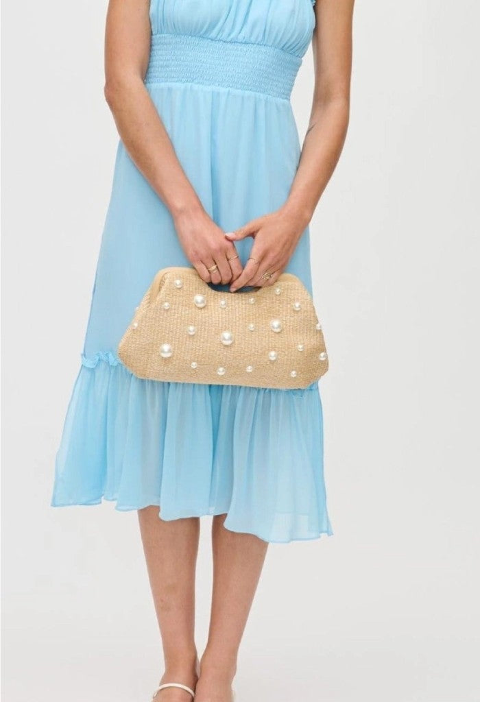 KK Bloom Mallory Straw Stud Clutch-Pearl