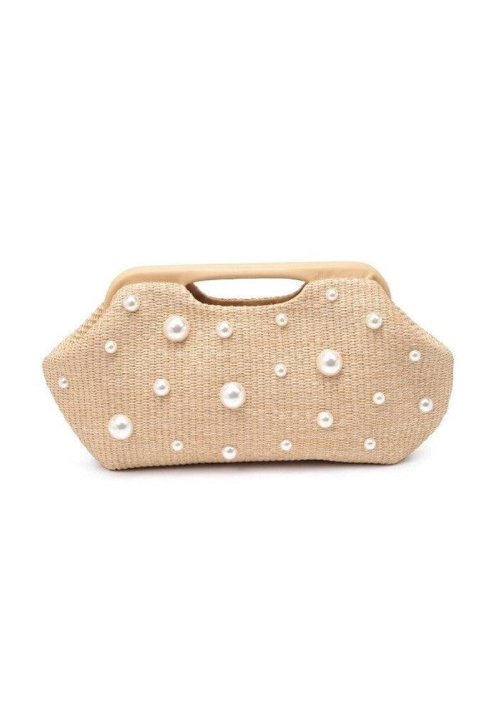 KK Bloom Mallory Straw Stud Clutch-Pearl