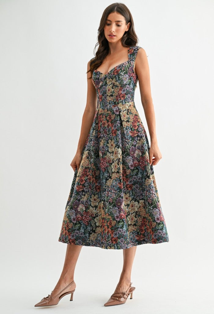 KK Bloom Floral Bouquet Jacquard Midi Dress