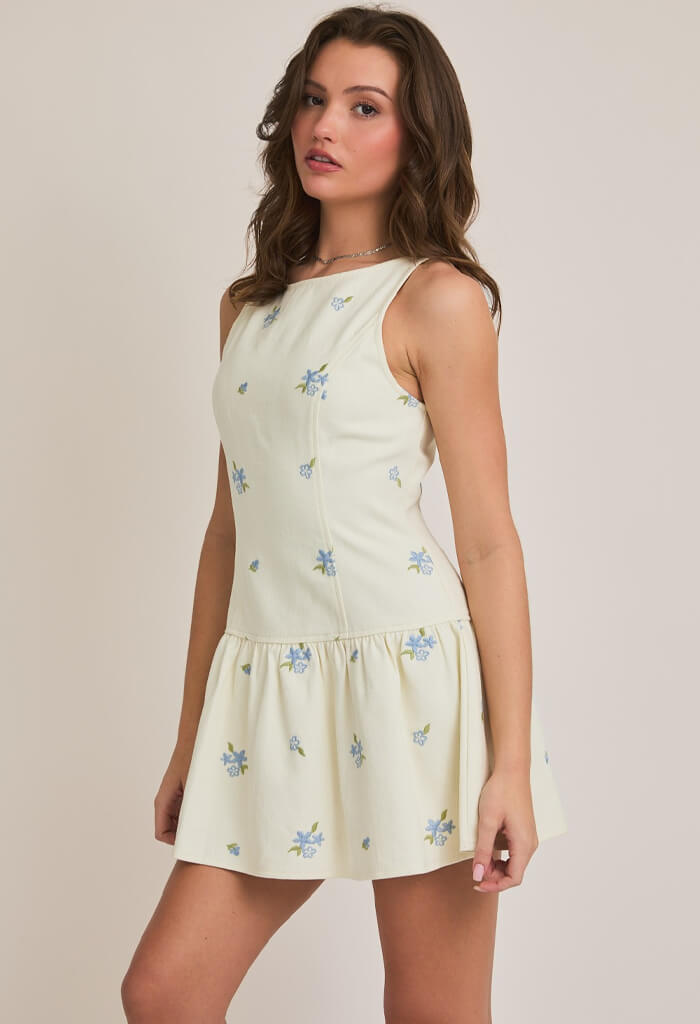 KK Bloom Blue Belle Mini Dress-Cream Blue Floral
