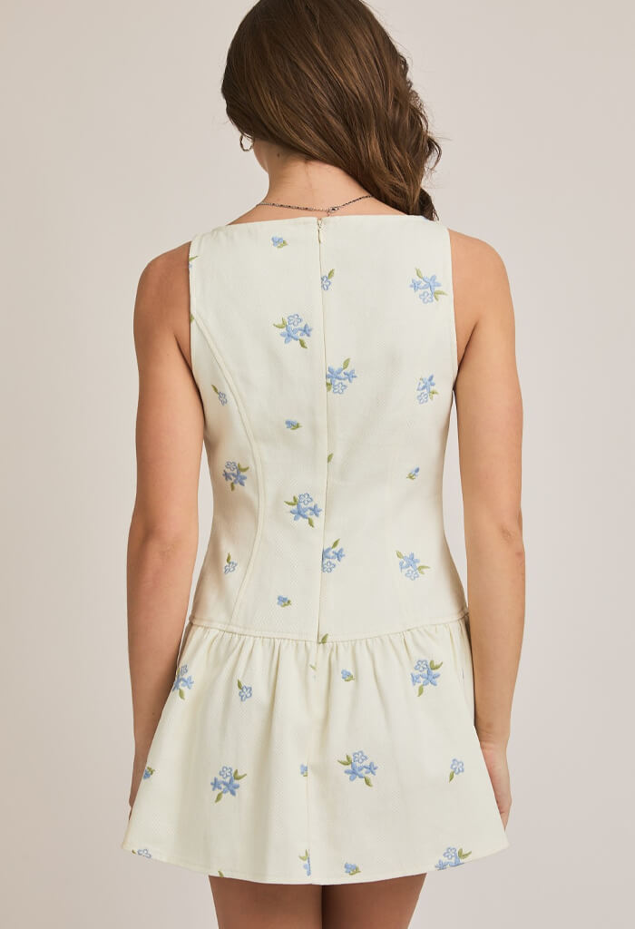 KK Bloom Blue Belle Mini Dress-Cream Blue Floral