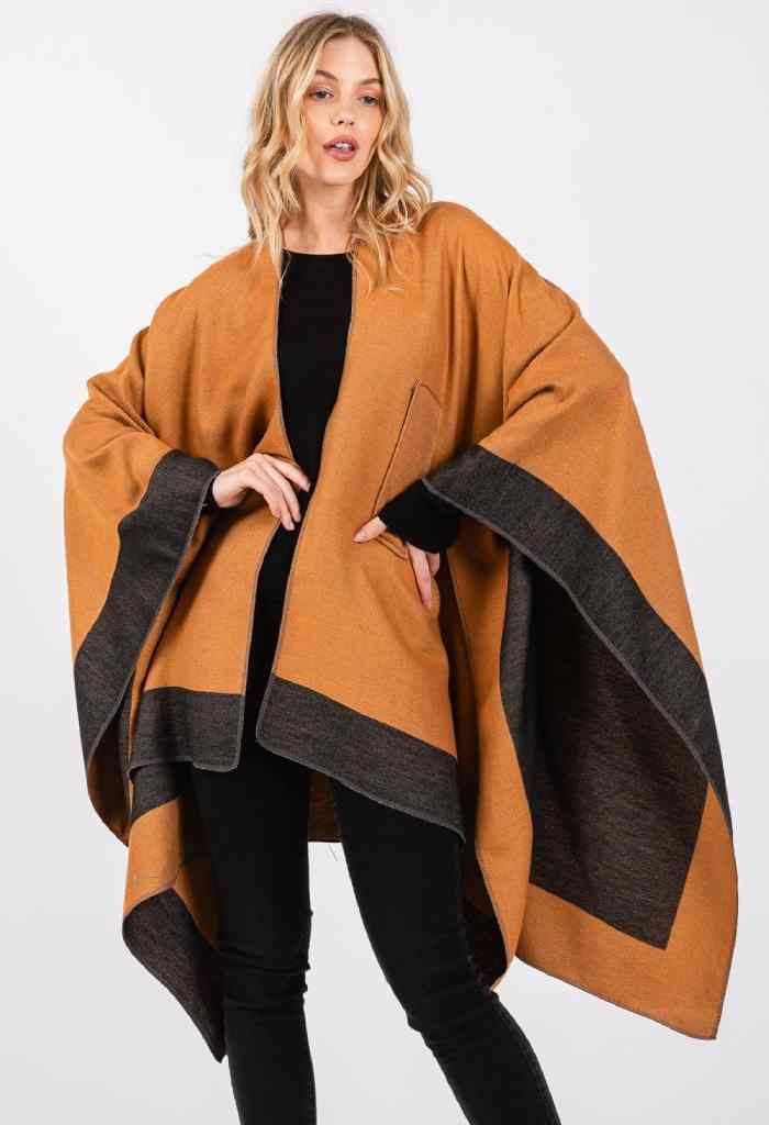 KK Bloom Ruana Two Tone Kimono Wrap-Tan
