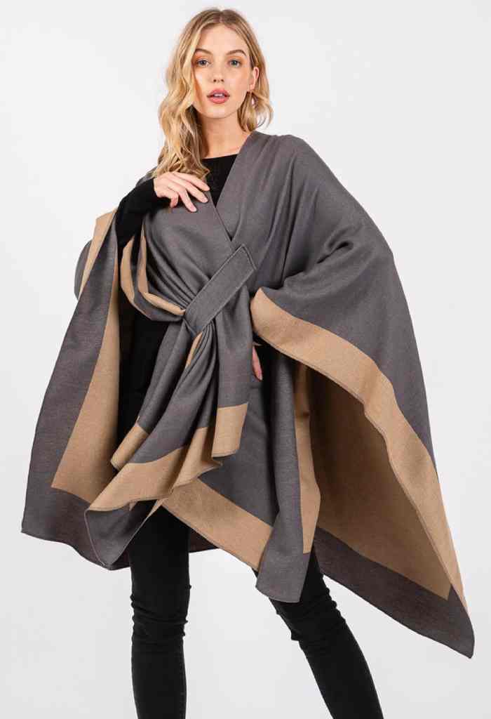KK Bloom Ruana Two Tone Kimono Wrap-Charcoal