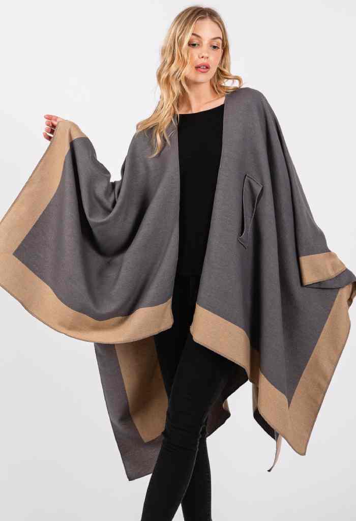 KK Bloom Ruana Two Tone Kimono Wrap-Charcoal