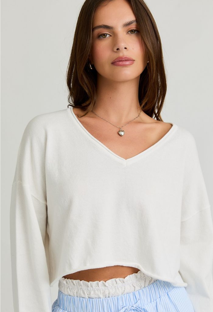 KK Bloom Drop Shoulder Cropped Sweater White