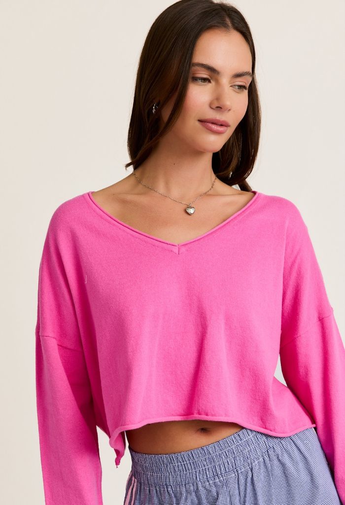 KK Bloom Drop Shoulder Cropped Sweater Pink