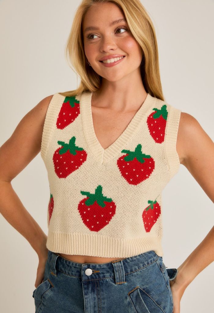 KK Bloom V-Neck Strawberry Pattern Crop Sweater Vest