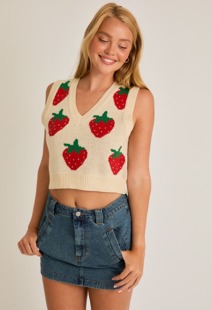 KK Bloom V-Neck Strawberry Pattern Crop Sweater Vest