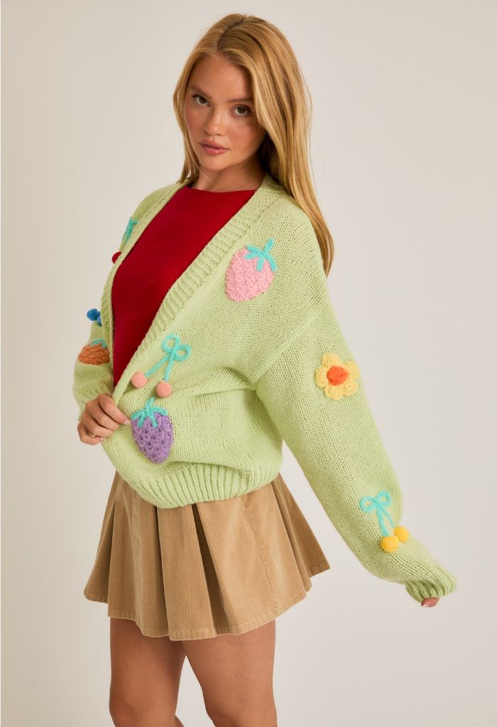 KK Bloom 3D Strawberries Flowers Cherries Sweater Cardigan