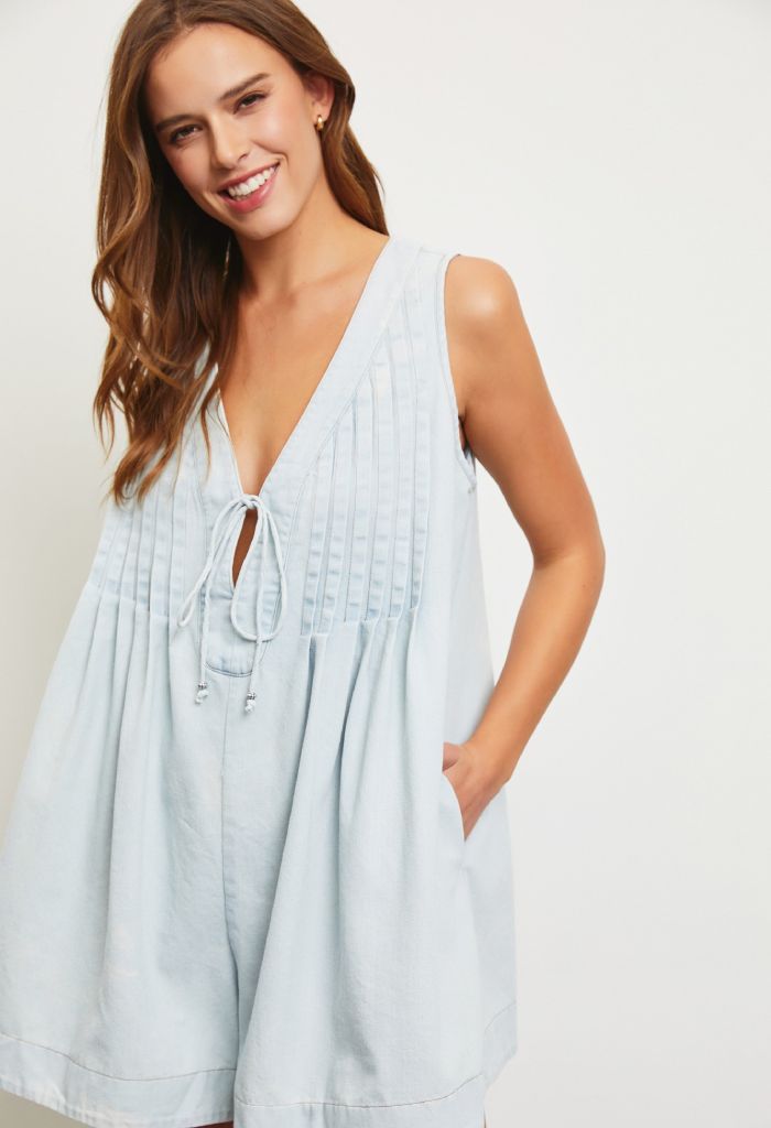 KK Bloom Pleated Denim Romper