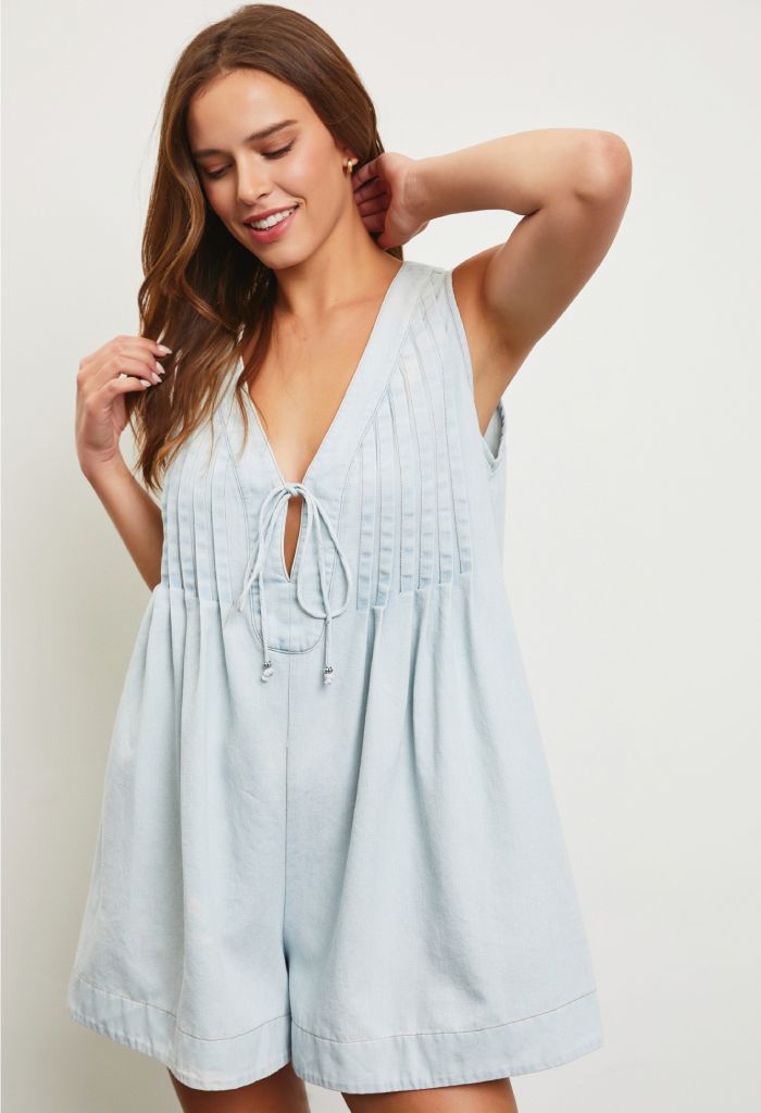 KK Bloom Pleated Denim Romper