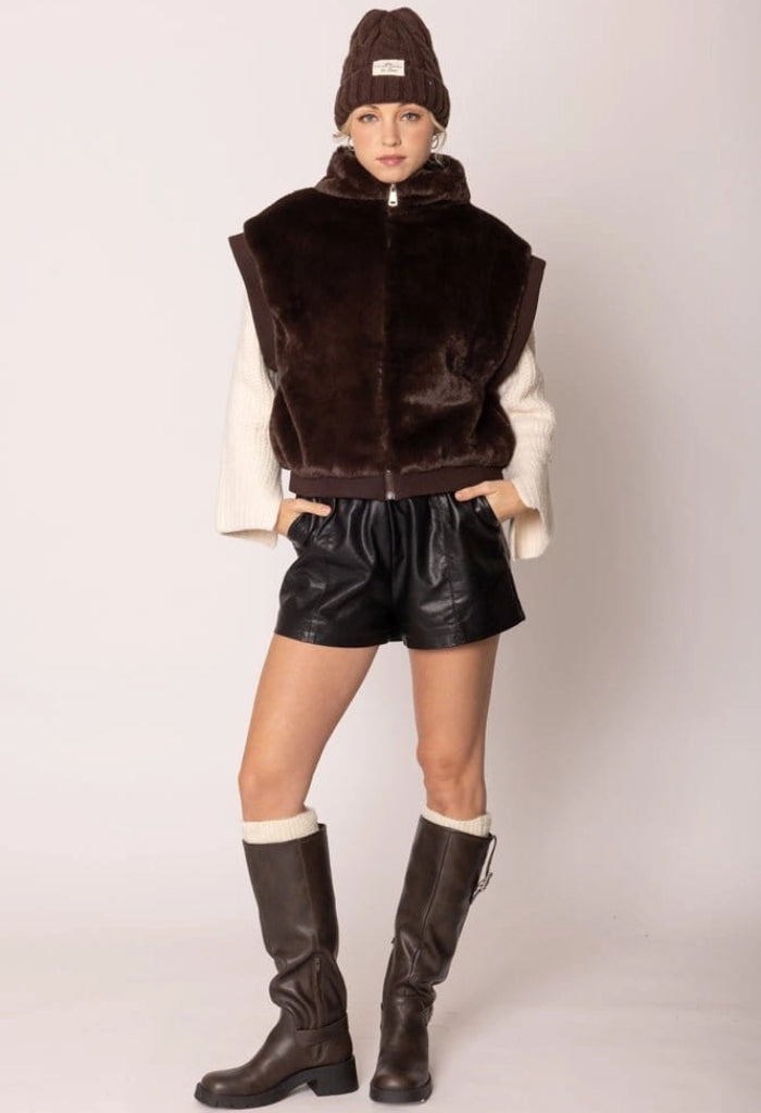 KK Bloom Antonia Faux Fur Bomber Vest-Brown