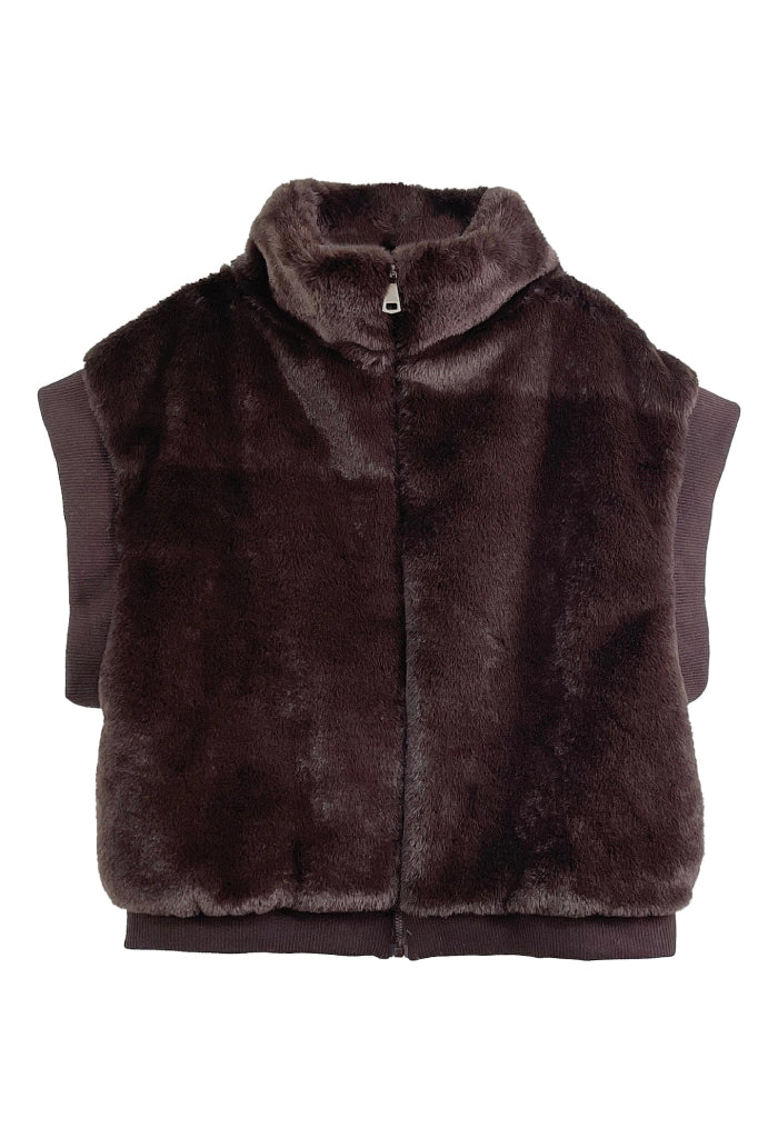 KK Bloom Antonia Faux Fur Bomber Vest-Brown