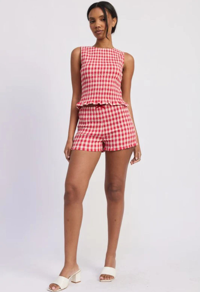 KK Bloom Picnic Smocked Shorts-Red Gingham