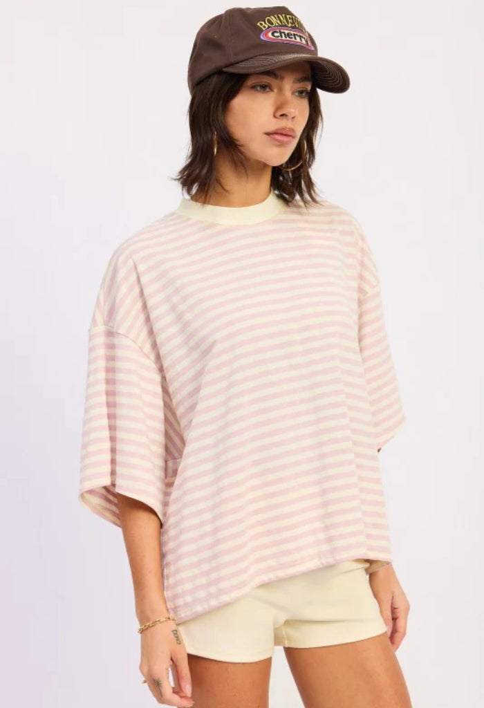 KK Bloom Limeade Oversized Tee-Pink Ivory Stripe