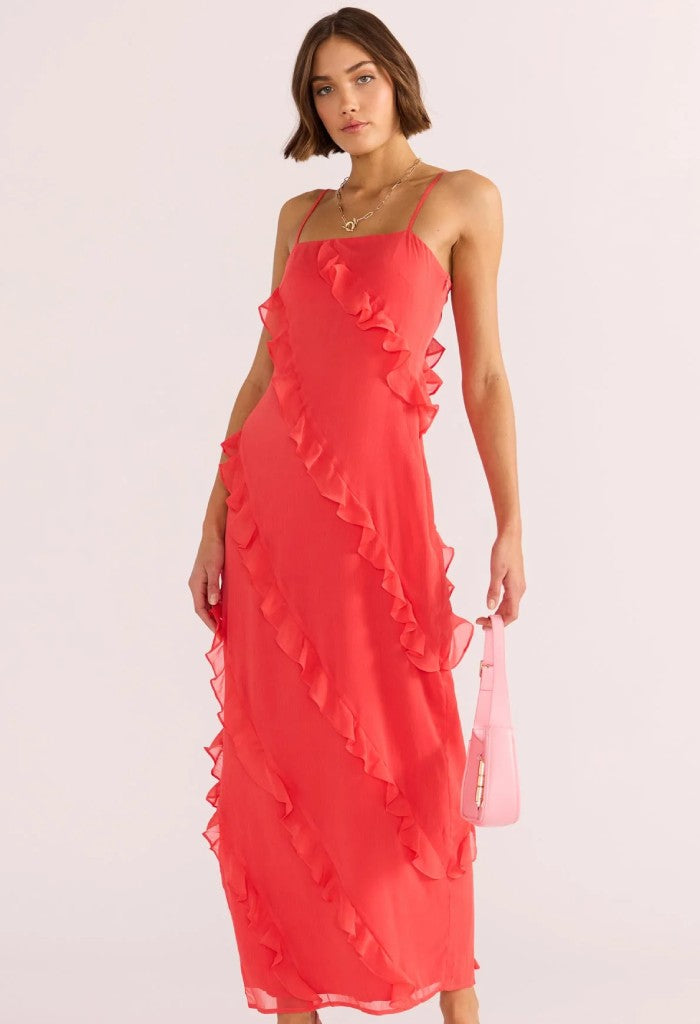 Minkpink Venus Ruffle Maxi Dress-Lipstick Red