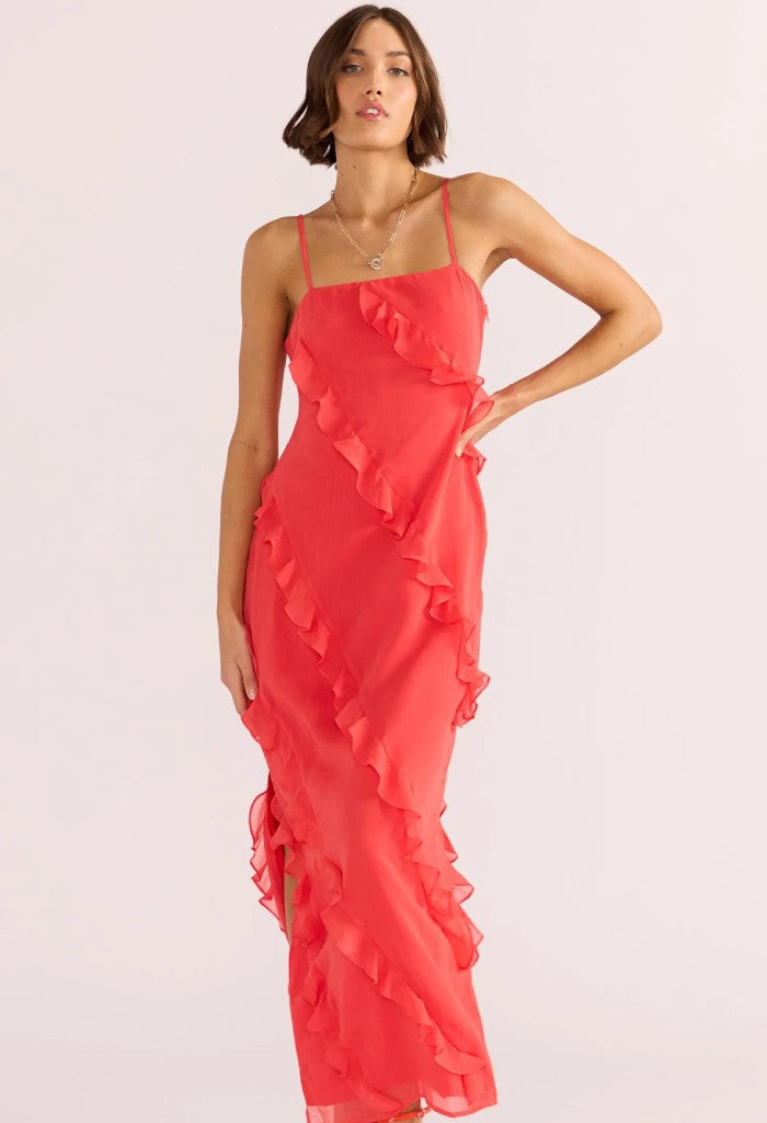 Minkpink Venus Ruffle Maxi Dress-Lipstick Red