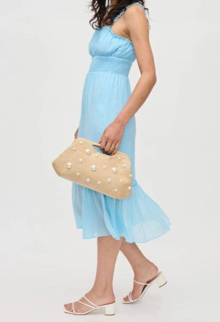 KK Bloom Mallory Straw Stud Clutch-Pearl