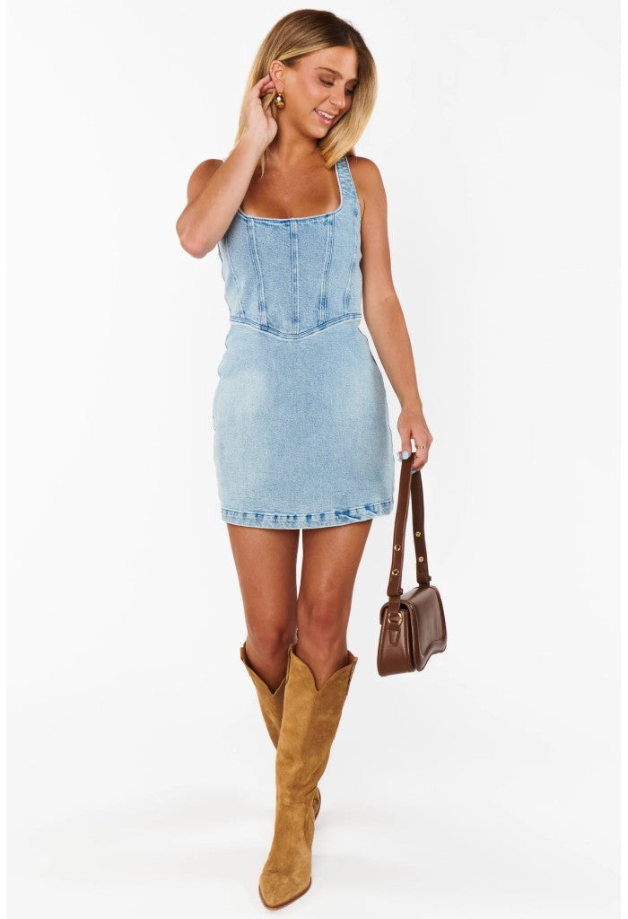 Show Me Your Mumu Corset Mini Dress-Misty Morning