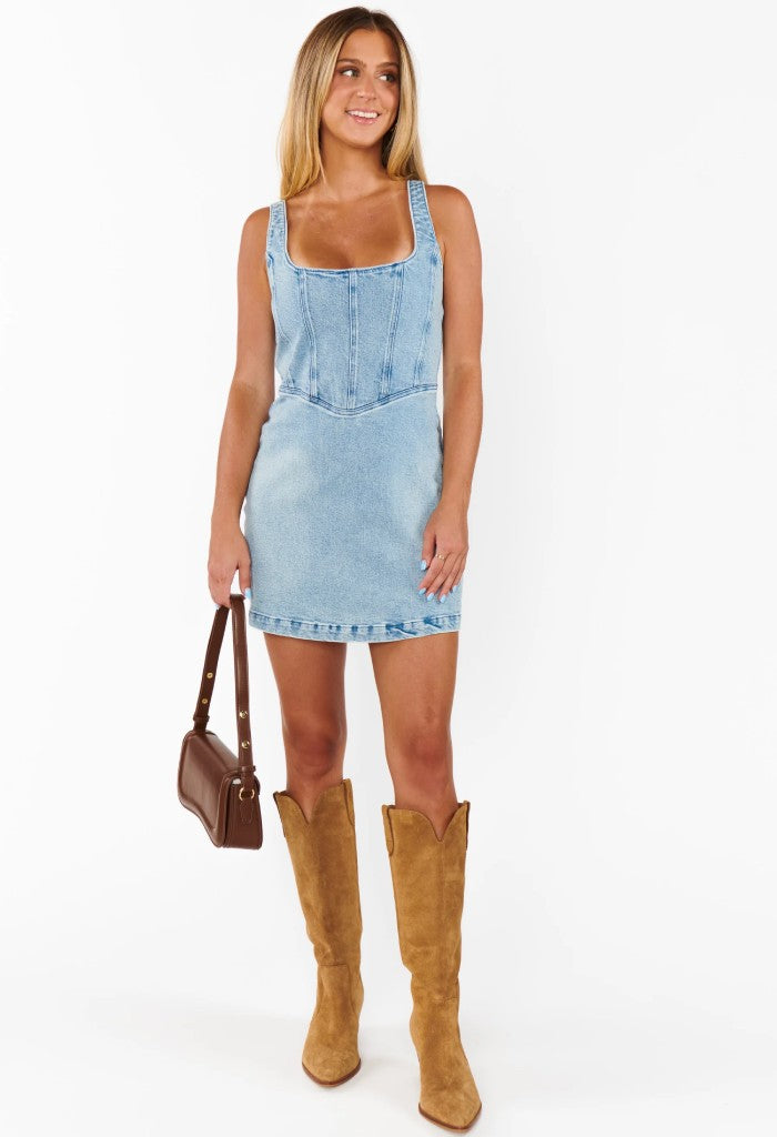 Show Me Your Mumu Corset Mini Dress-Misty Morning