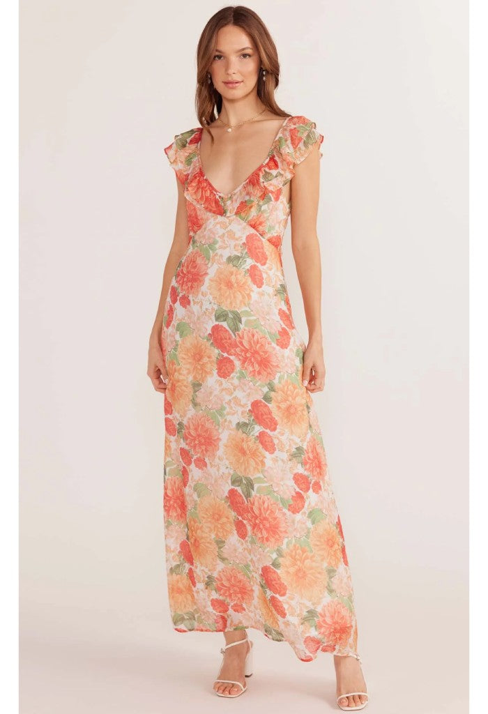 Minkpink Aida Frill Maxi Dress-Apricot Floral