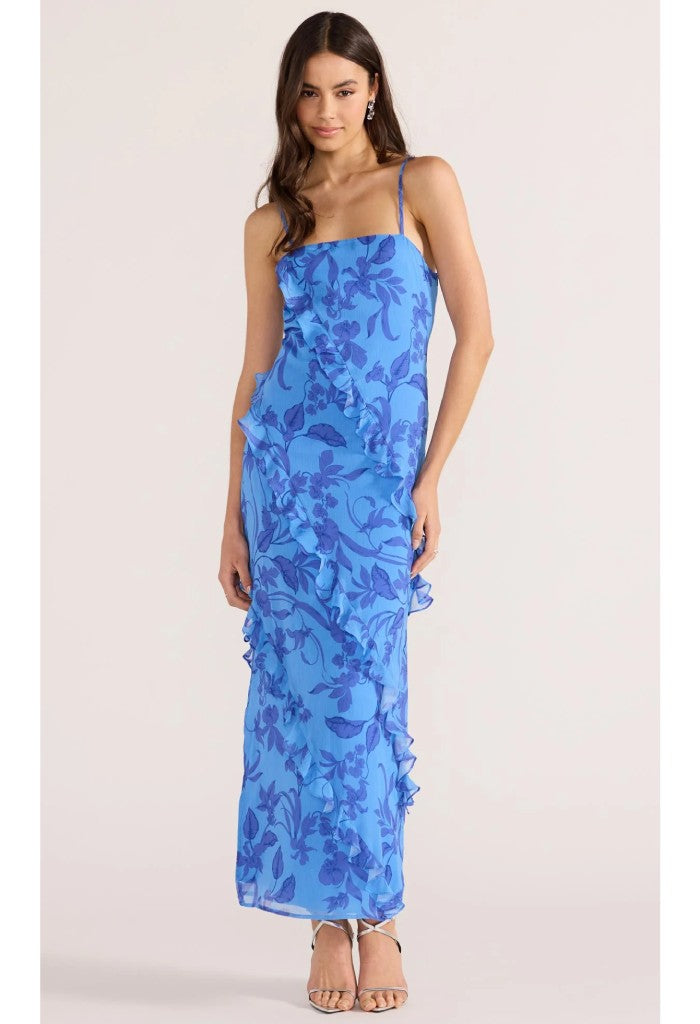 Minkpink Jeanne Ruffle Maxi Dress-Blue Floral