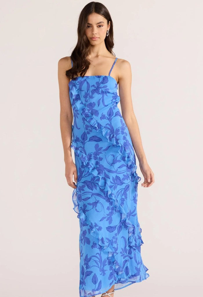 Minkpink Jeanne Ruffle Maxi Dress-Blue Floral