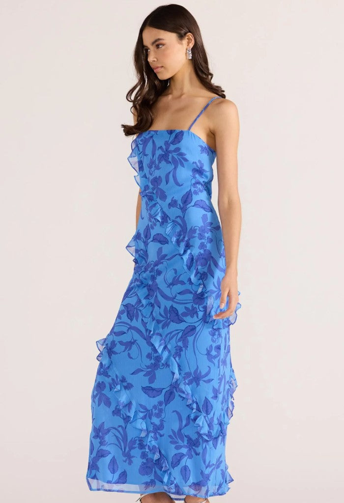 Minkpink Jeanne Ruffle Maxi Dress-Blue Floral