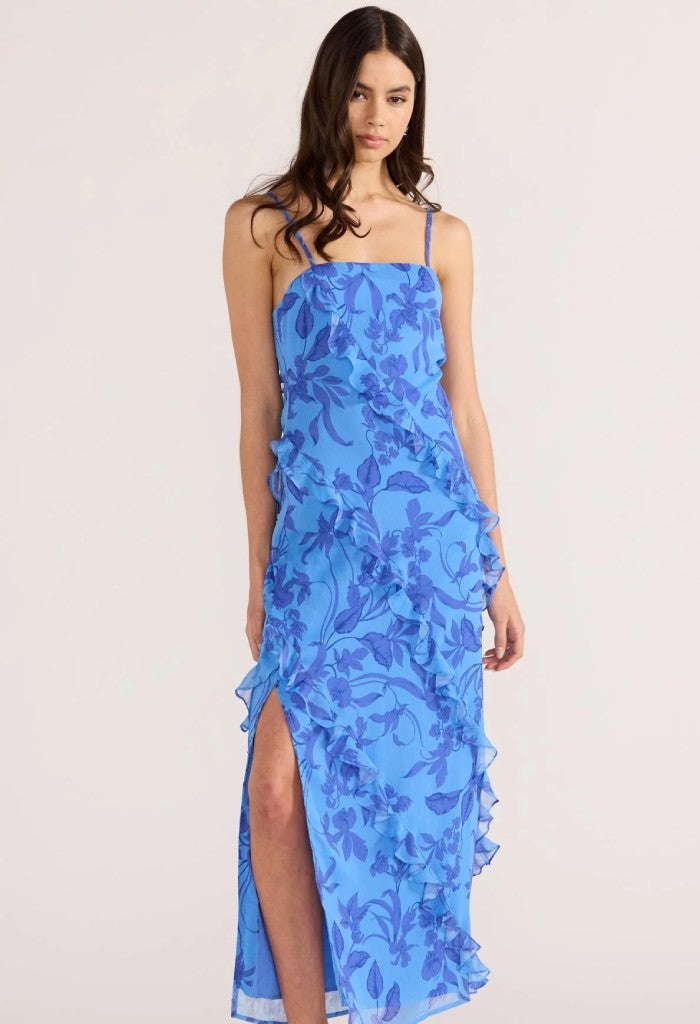 Minkpink Jeanne Ruffle Maxi Dress-Blue Floral
