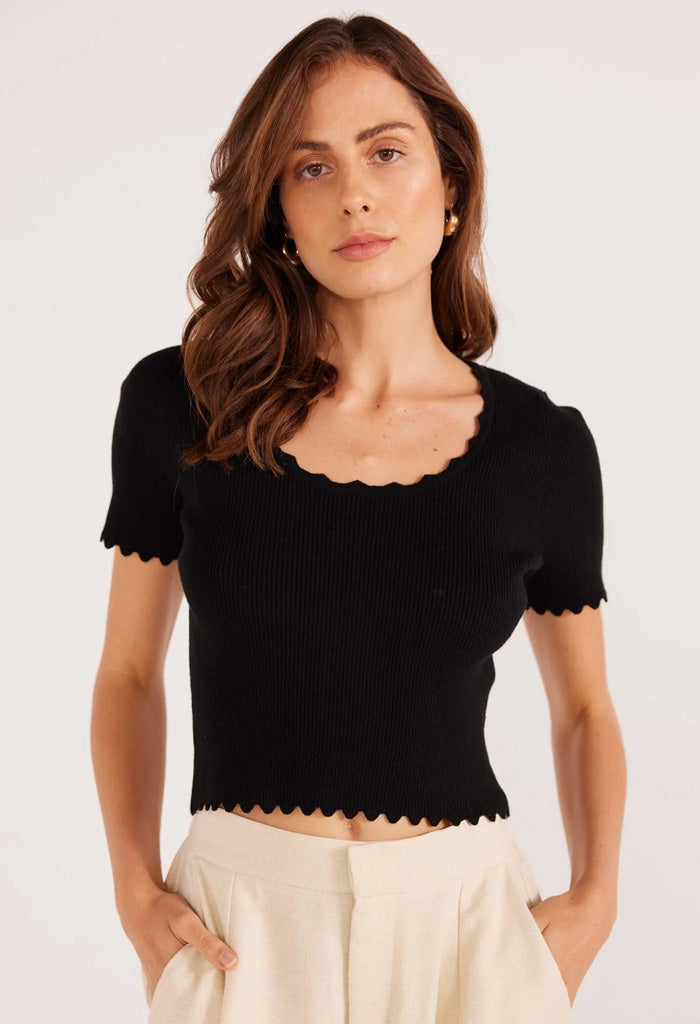 Minkpink Laura Scallop Knit Tee-Black