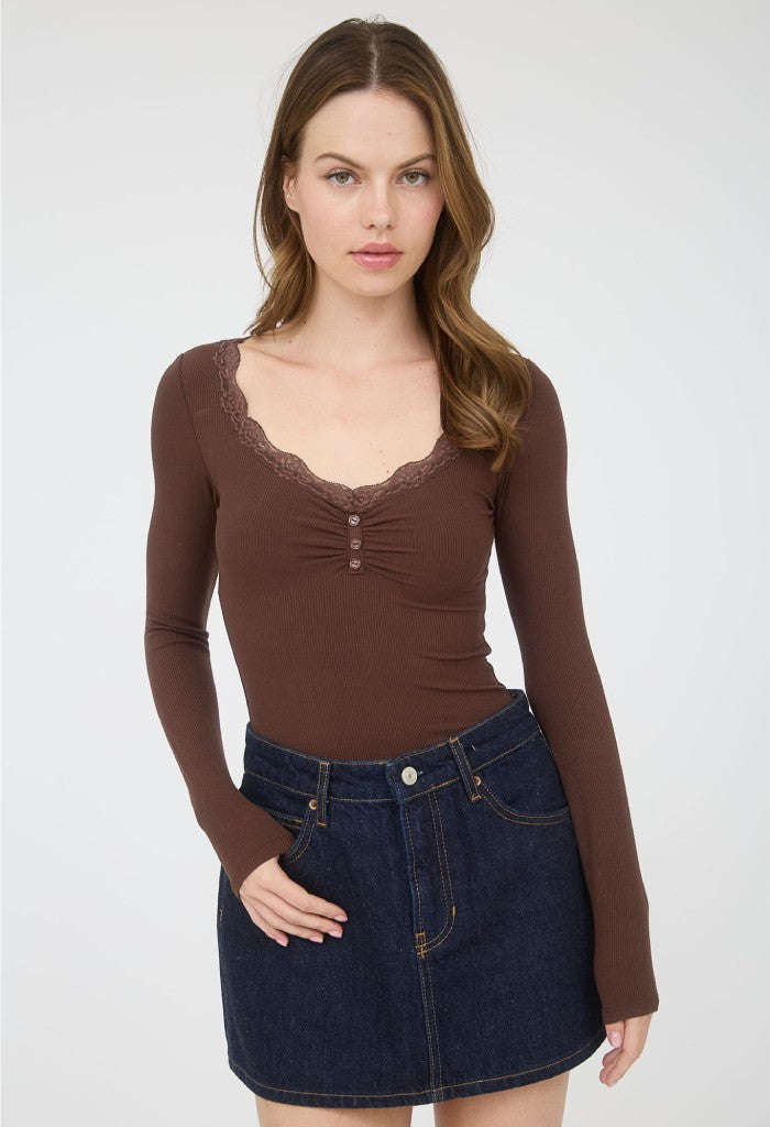KK Bloom Kendra Ribbed LS Tee-Brown