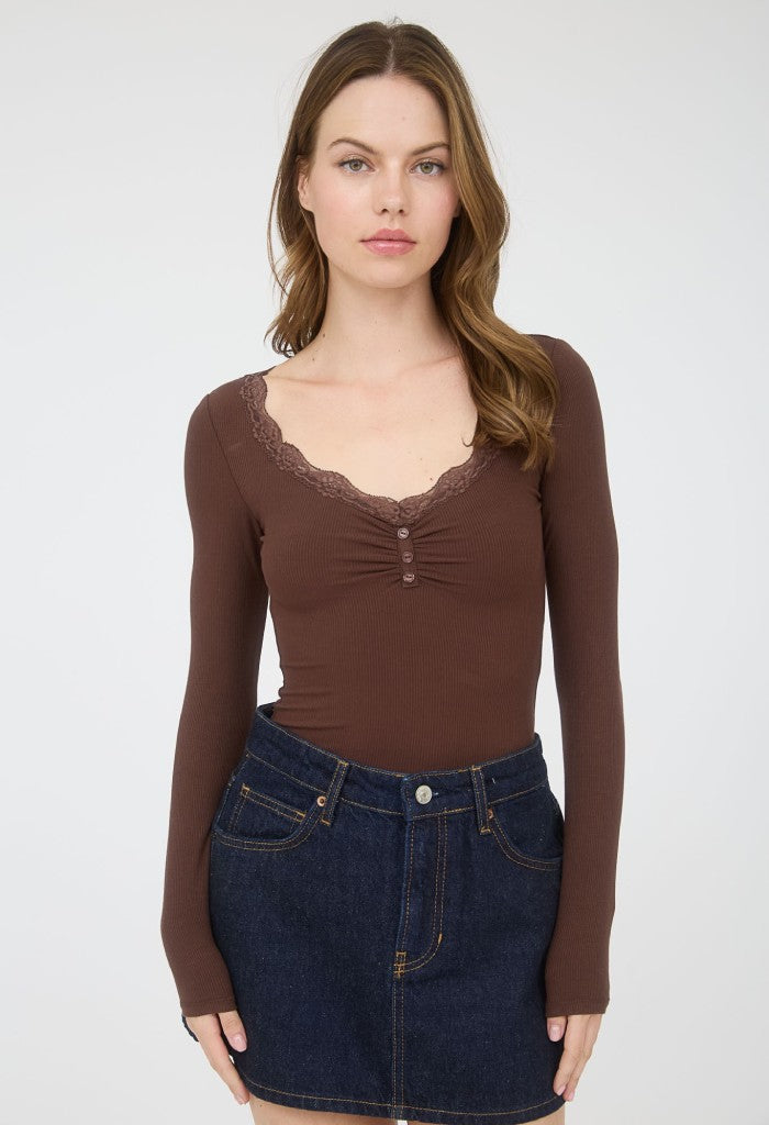 KK Bloom Kendra Ribbed LS Tee-Brown