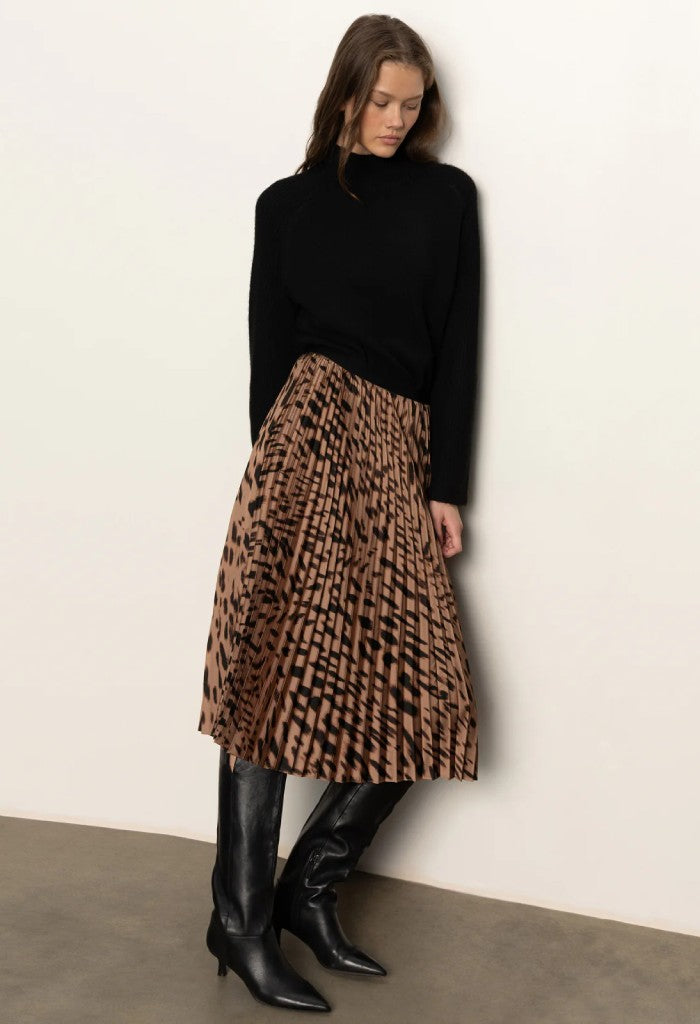 Sanctuary Clothing Nostalgia Pleated Midi Skirt-Mocha Leo