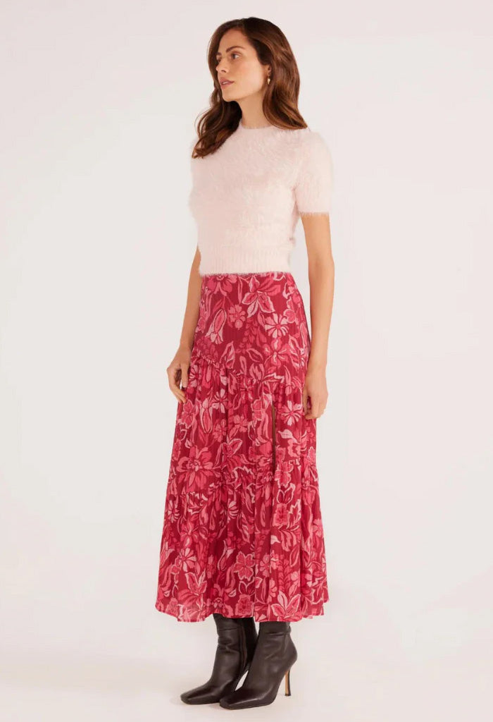 Minkpink Mae Tiered Midi Skirt-Plum Florals