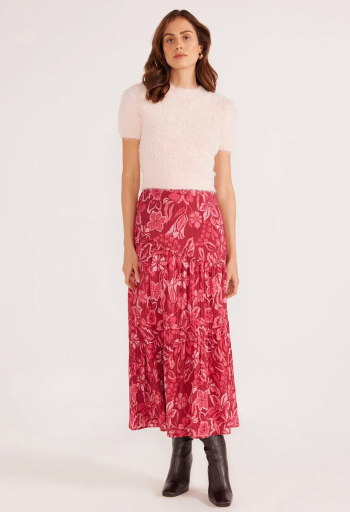 Minkpink Mae Tiered Midi Skirt-Plum Florals