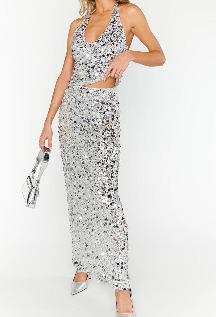 Show Me Your Mumu All That Skirt-Silver Metallic Sequins