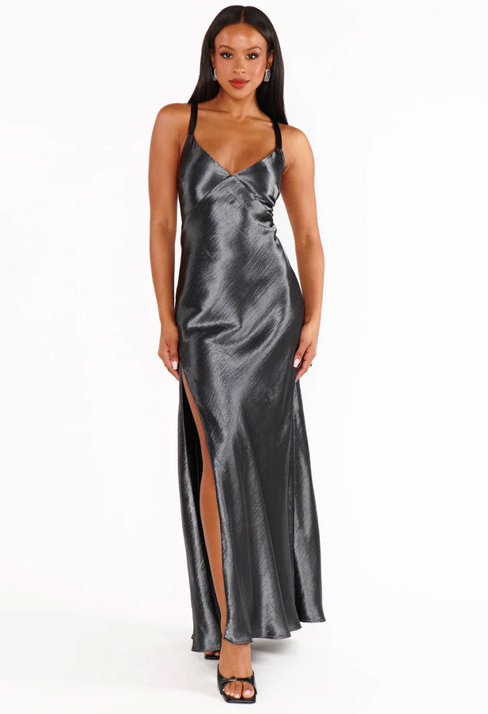 Show Me Your Mumu ANDERSON MAXI DRESS - GUNMETAL HAMMERED SATIN