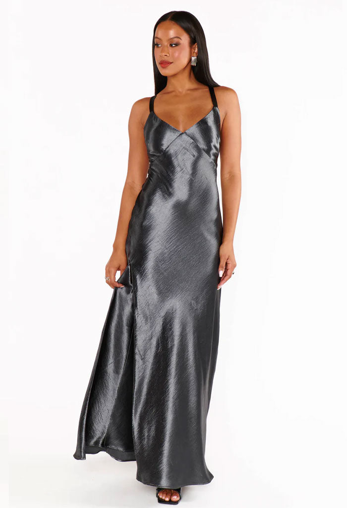 Show Me Your Mumu ANDERSON MAXI DRESS - GUNMETAL HAMMERED SATIN