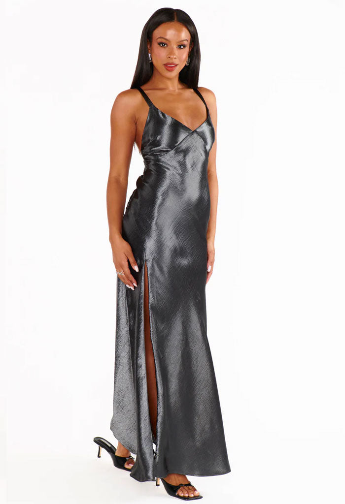 Show Me Your Mumu ANDERSON MAXI DRESS - GUNMETAL HAMMERED SATIN