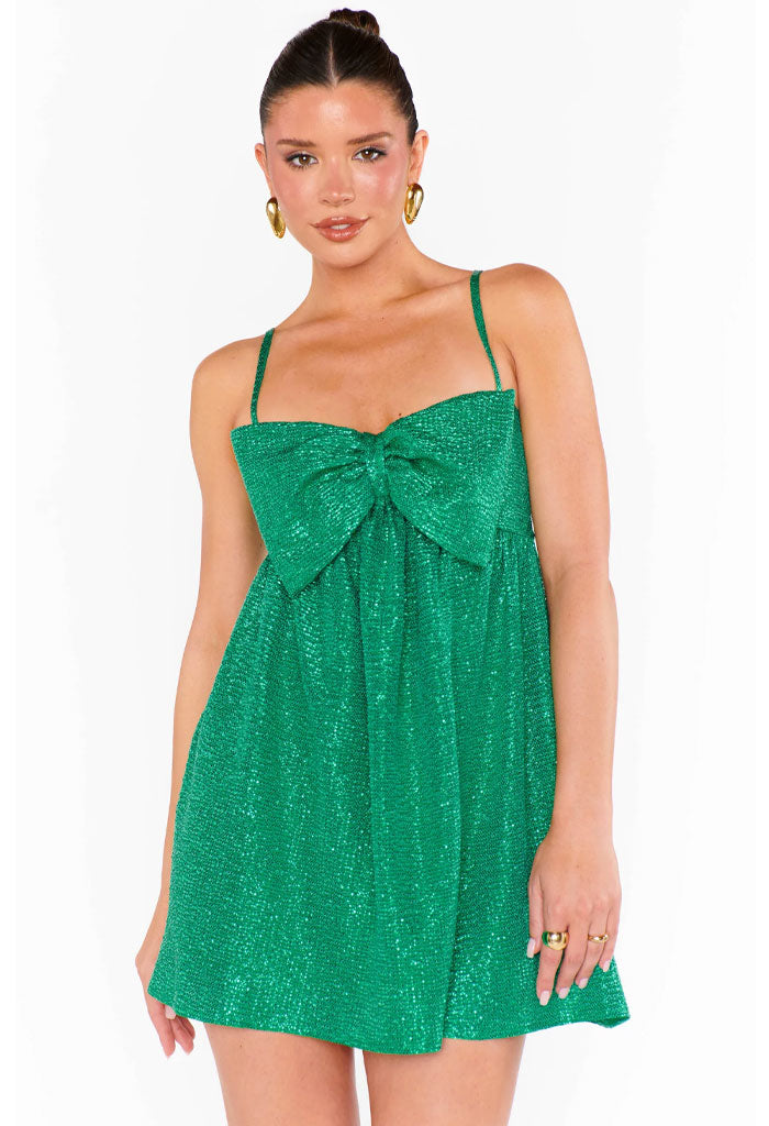 Show Me Your Mumu Best Bow Mini Dress-Green Sequin