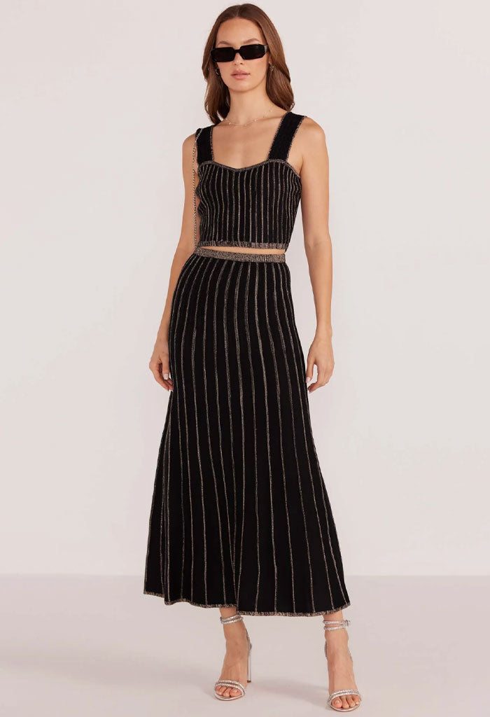 Minkpink Celia Lurex Stripe Midi Skirt-Black/Champagne